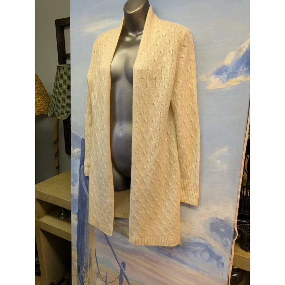 Cortland Park S 100% Cashmere Long Cable Knit Cardigan Ivory